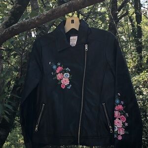 Xtraordinary Black Leather Jacket with Floral Embroidery